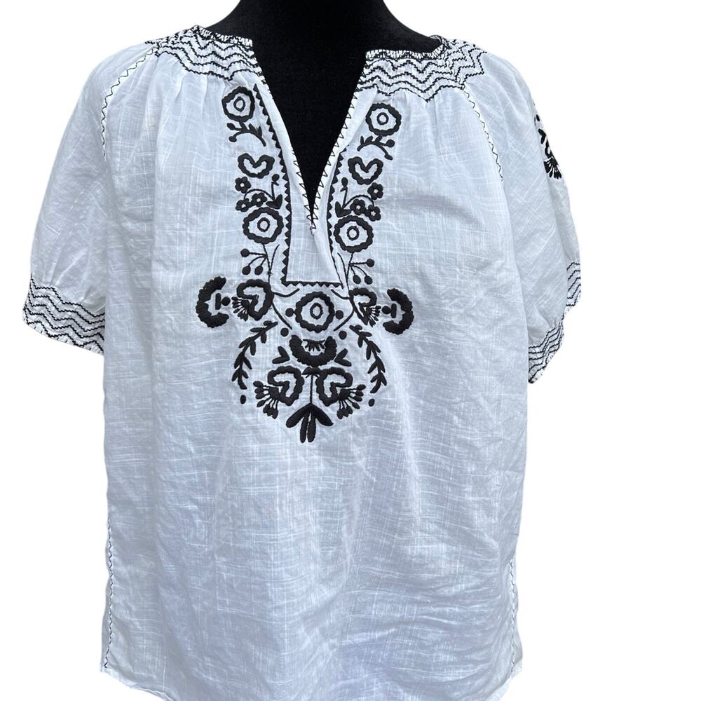 J. Crew White Linen-Blend Peasant Top with Black Embroidery